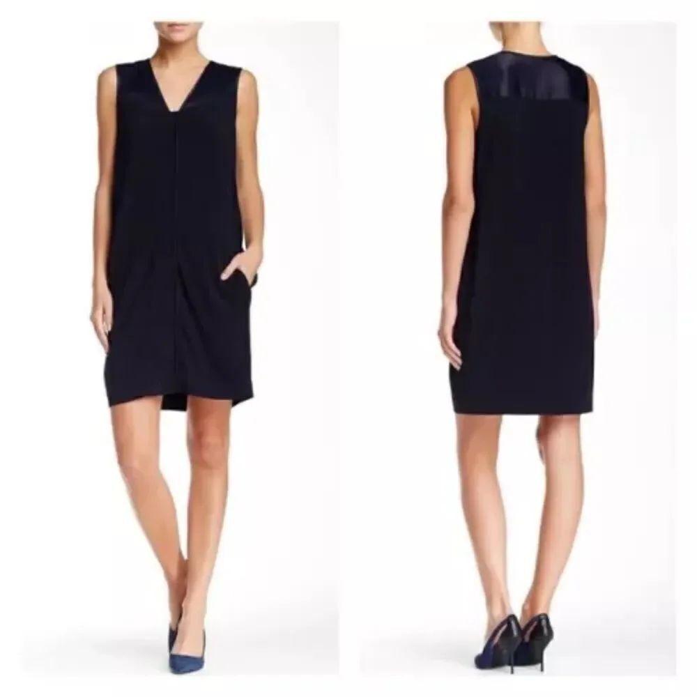 Vince Navy Blue V Neck Matte and Shine Sheath Dress Style Quiet Luxury SIZE SM